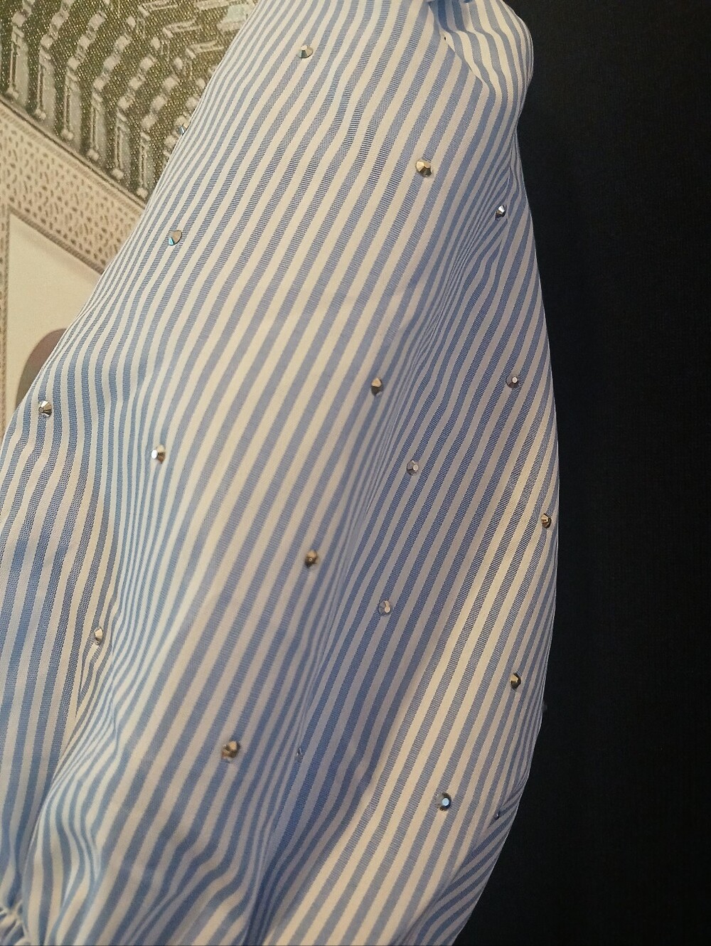 Nannette Navy Ribbed Knit Top with Blue-White Striped Sleeve Detail - Picture 4 of 12